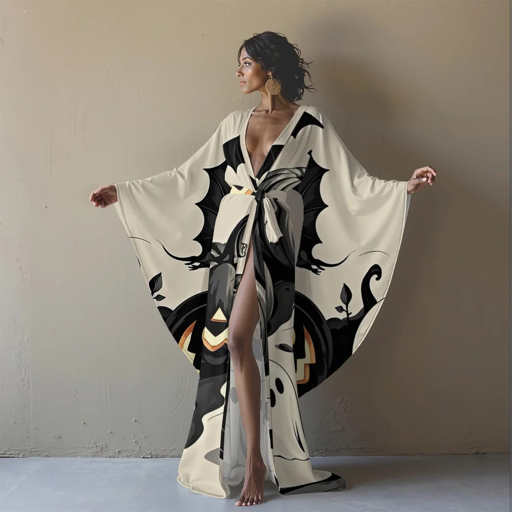 Elegante Fantasy-Robe mit hohem Schlitz für Damen, Gothic-Stil, Partykleidung, Skelett-Halloween-Robe, langärmelig, V-Ausschnitt, lange Robe, Cosplay