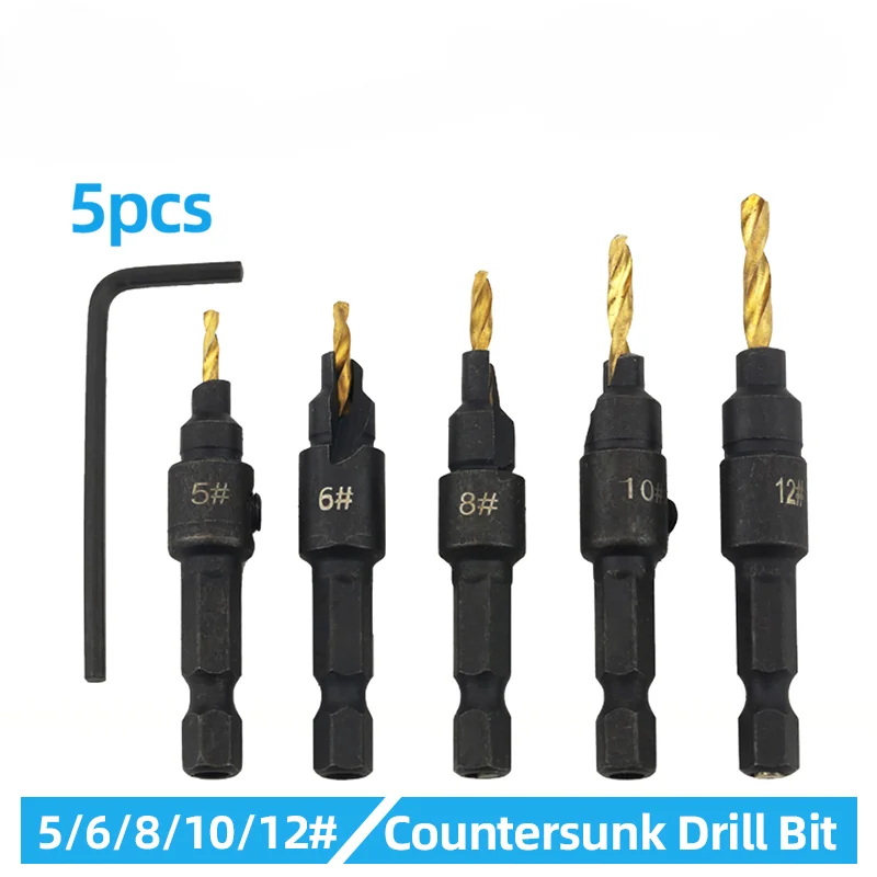 5pcs Countersink Drill Bit Set for Woodworking with High Speed Steel&Metal 1/4 Inch Hex Shank Drilling Pilot Holes for Screw