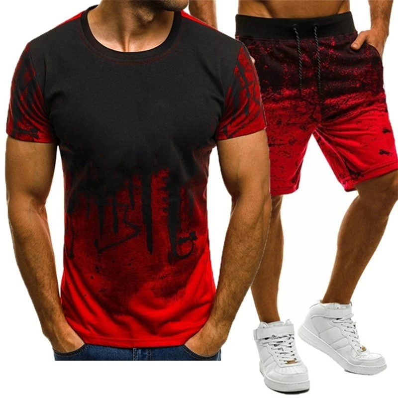 Print Hip-hop Loose Fitness T-shirt Men Short Sleeve Basketball Pants Cotton High Street Print Drawstring Outfits Free Shipping