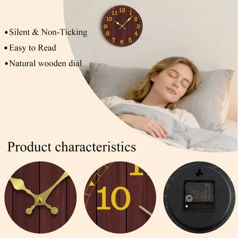 Vintage Dark Wood Wall Clock Elegant Metal Hands Retro Luxury Decor For Living Room Office Silent Non-Ticking Clock