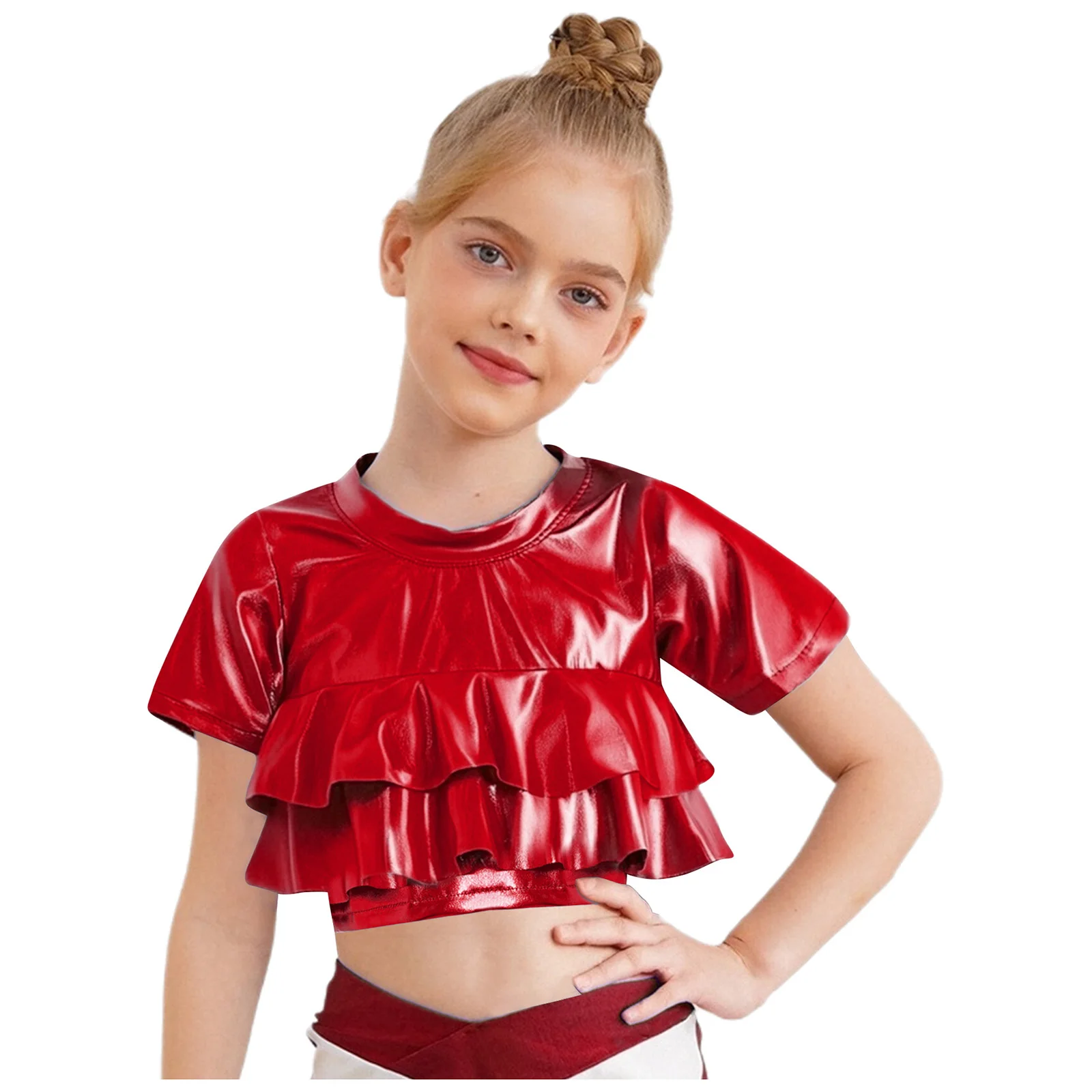 

Kids Girl Metallic Ruffled Street Style Crop Top Round Neck Short Sleeves T-shirt for Hip Hop Jazz Dance Stage Performance Party