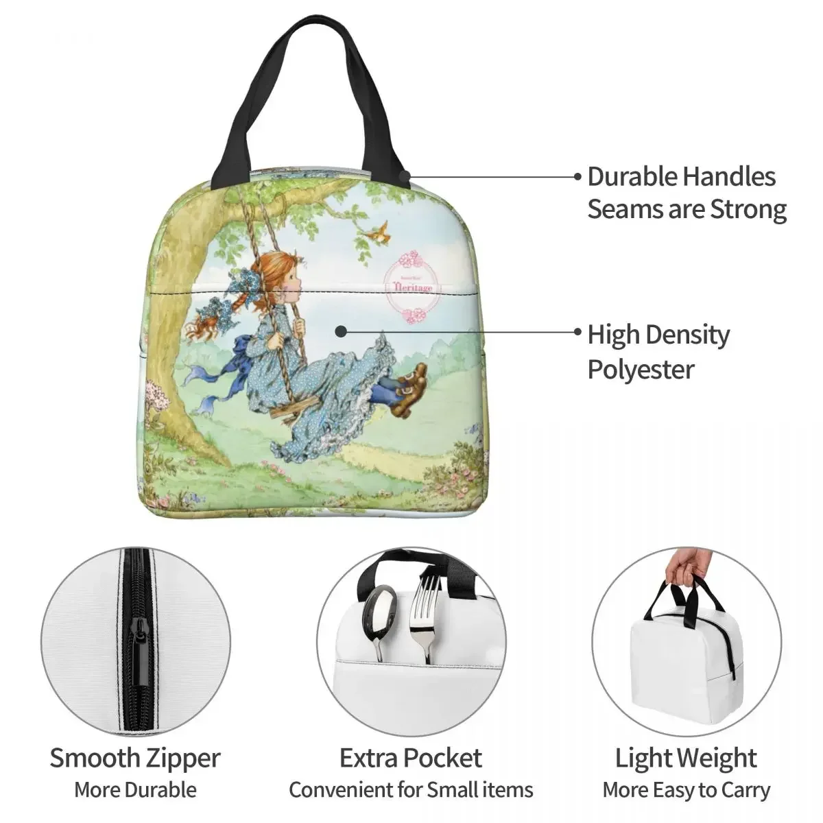 Sarah Kay Swing Girl Cartoon Lunch Bag Portable Insulated Canvas Cooler Cute Country Life Thermal Picnic Travel Lunch Box