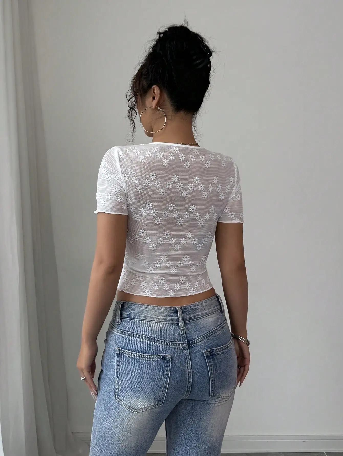 Nice Elegant White Square Collar Knitted Jacquard Front Pleated Bow Decorative Spring And Summer Women's T-shirt