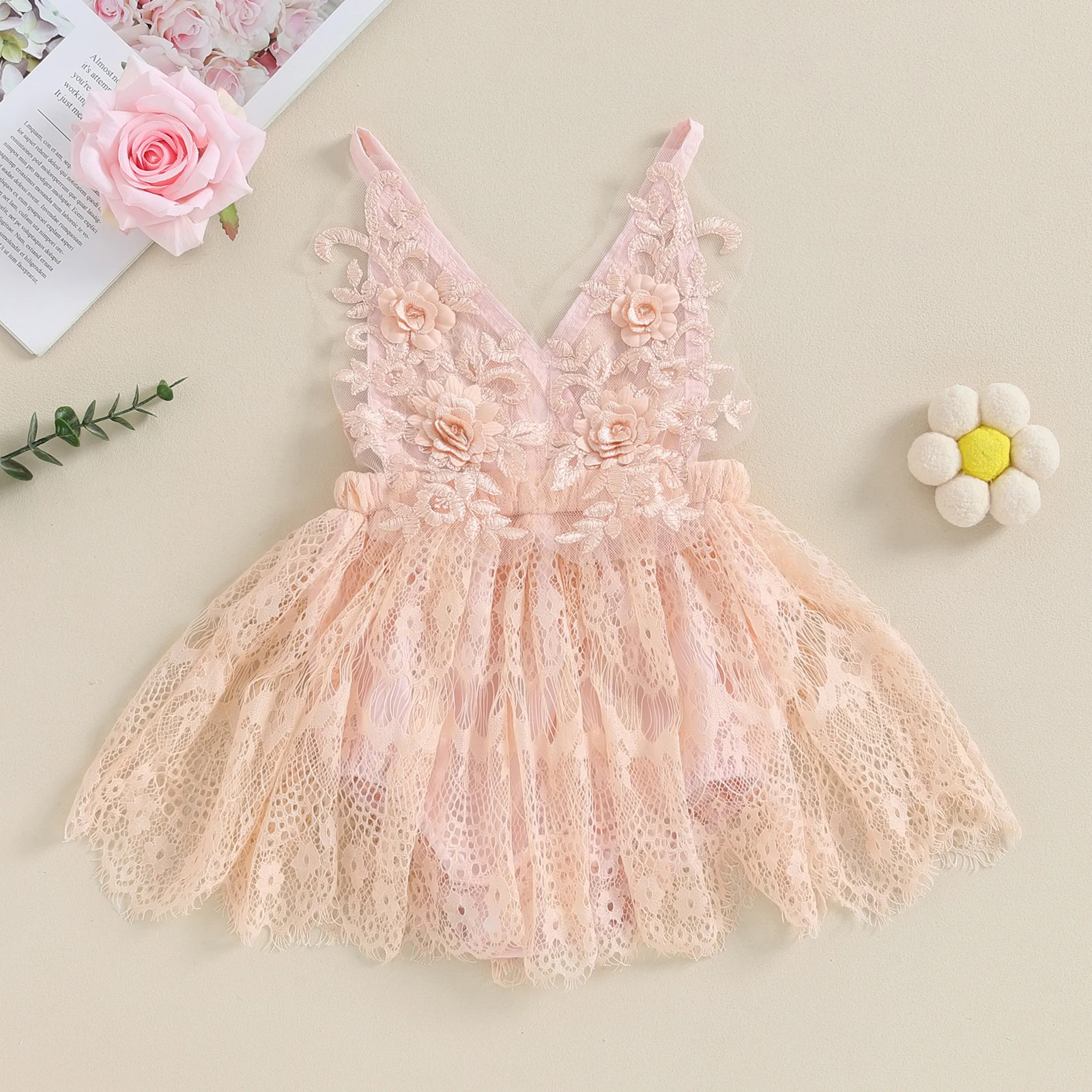 Baby Girl Romper Lace Dress Sleeveless V Neck Floral Embroidery Bodysuit Newborn Clothes