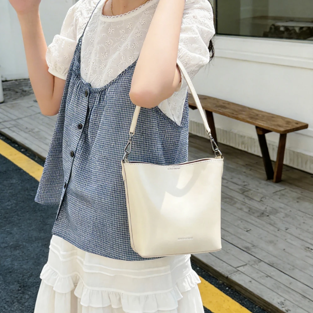 

Повседневная сумка-ведро через плечо для женщин, простая модная сумка в корейском стиле, универсальная сумка на одно плечо из искусственной кожи, сумка для отдыха