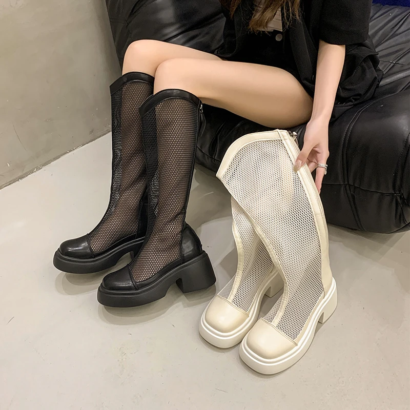 

Лето 2023, женские хит продаж, высококачественные ботинки, дышащая женская обувь с сеткой, модные женские ботинки на толстом высоком каблуке