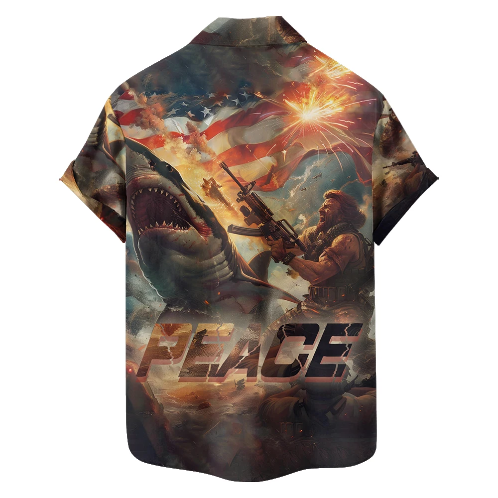 Camisas hawaianas de manga corta para hombre, ropa informal con estampado de la bandera americana GI Shark Battlefield, talla grande, novedad de 2024