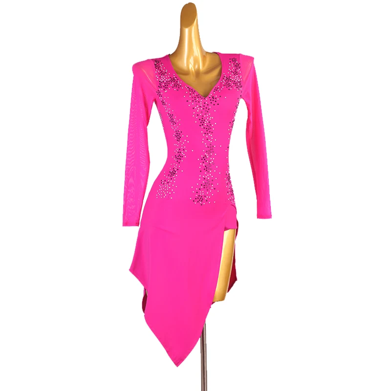 Robe de danse latine rose biscuits pour femme, robe de danse de salon pour femme, manches longues, robe de flamenco, robe de tango, robe de rumba