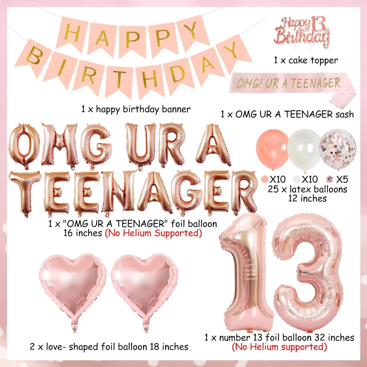 JOYMEMO Rose Gold Teenager 13th Birthday Party Decoration Omg Ur A Teenager Foil Balloons Banner Cake Topper for 13 Years Old