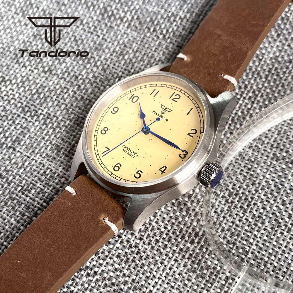 Tandorio Vintage Simple 39mm 20BAR Dive Automatik Herren Fliegeruhr Mechanisch NH35A PT5000 Gelbes Zifferblatt Saphirglas Leder