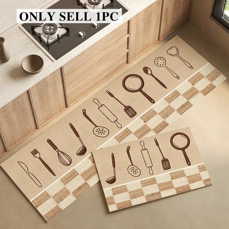 Kitchen Rug Waterproof Pvc Leather Carpet Long Non-slip Oil-proof Floor Mat Modern Kitchen Utensils Pattern Rugs Home Decor Mats
