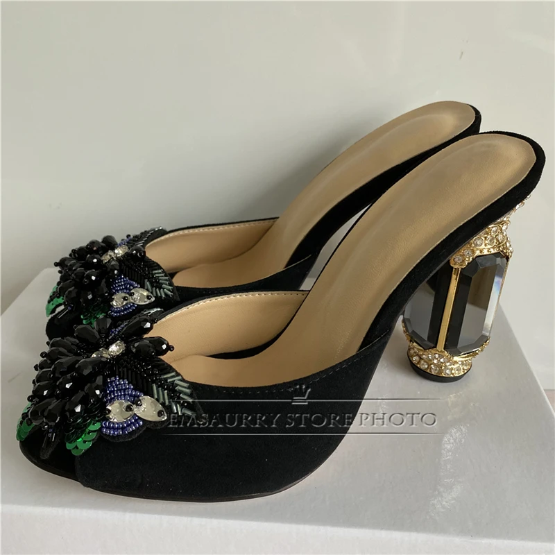 Sequined Beads Flower Party Shoes Summer Jeweled Diamond High Heel Sexy Open Toe Suede Rhinestone Sandals Women