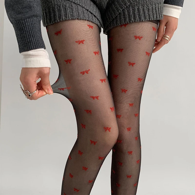 Lace Stripe Hearts Bows Print Sheer Tights Women Thin Mesh Tights Stockings Elastic Soft Fashion Pantyhose Long Socks