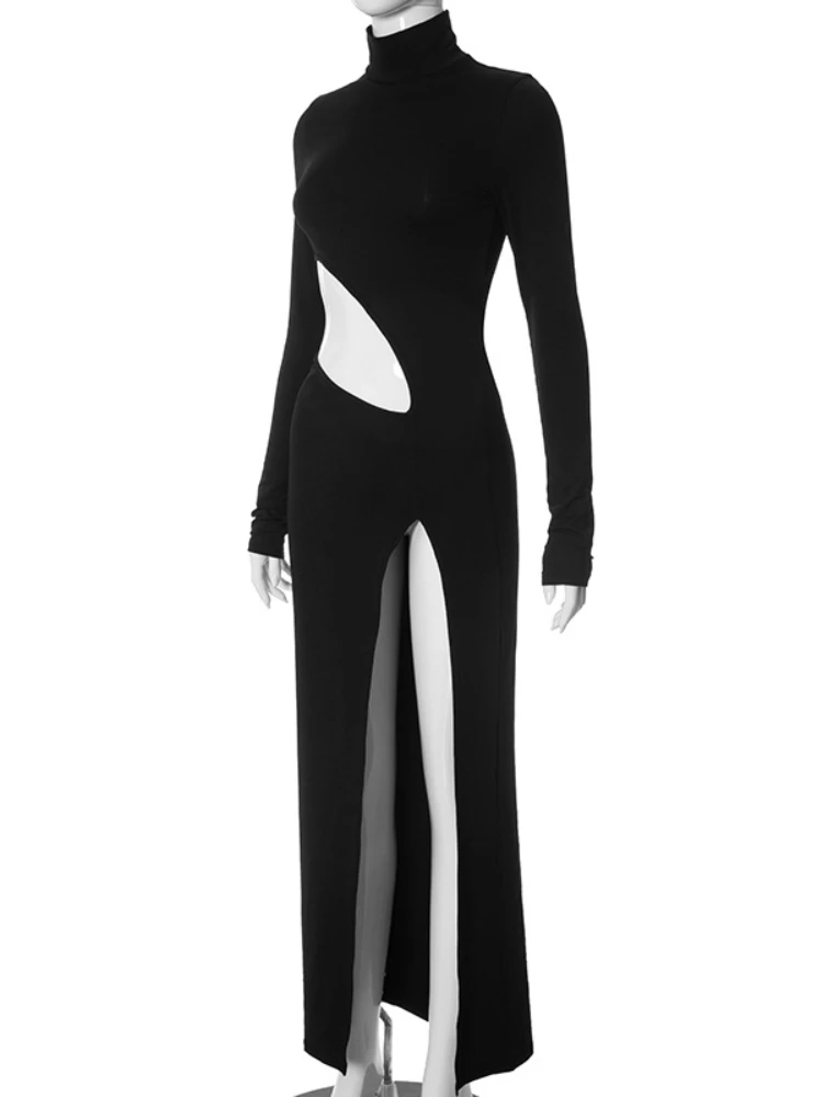 Sexy Waist Hollow Out Thigh-high Split Slim Bodycon Long Dress Women Long Sleeved Skinny Evening Maxi Dress Club Party Vestidos