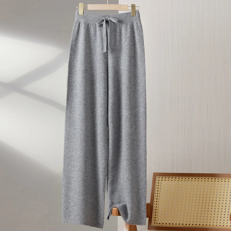 New ladies in autumn and winter 100% Merino wool thick warm cashmere women's wide-leg pants casual knitted drawstring pants.