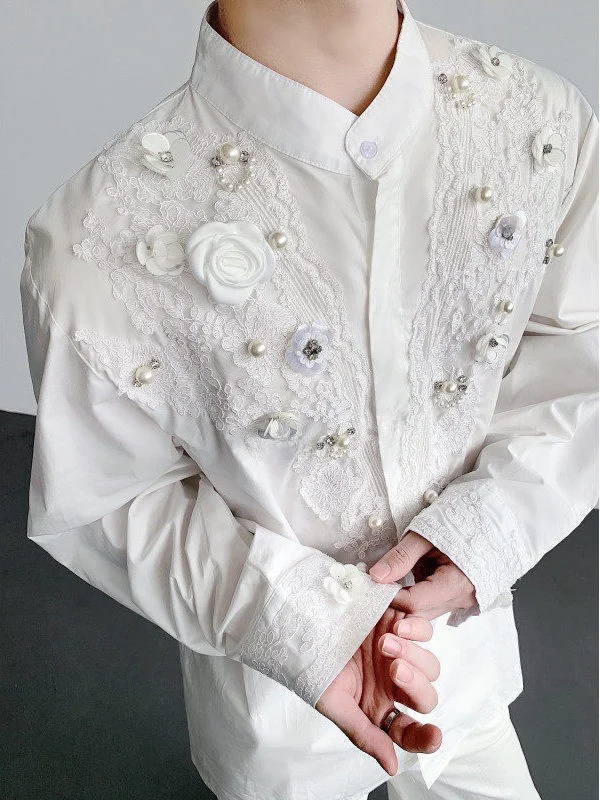 

Ele Long Sve Men's irt Rose Embroidery Heavy Work Design Faionable Urban Sle Breathable Polyester Wedding Par ...