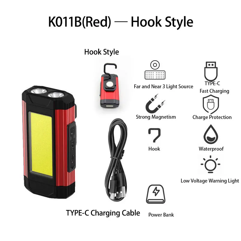 Luz de trabajo magnética COB portátil, linterna LED recargable, superbrillante, para acampar, impermeable, lámpara de reparación de automóviles con soportes