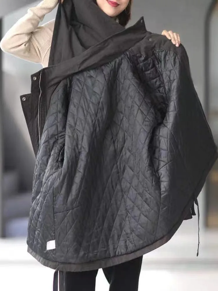 plus Size Women's Casual Korean Sle Thiened Hooded Cotton Jaet Loose Fit Workwear Outerwear Trendy Slimming Effect