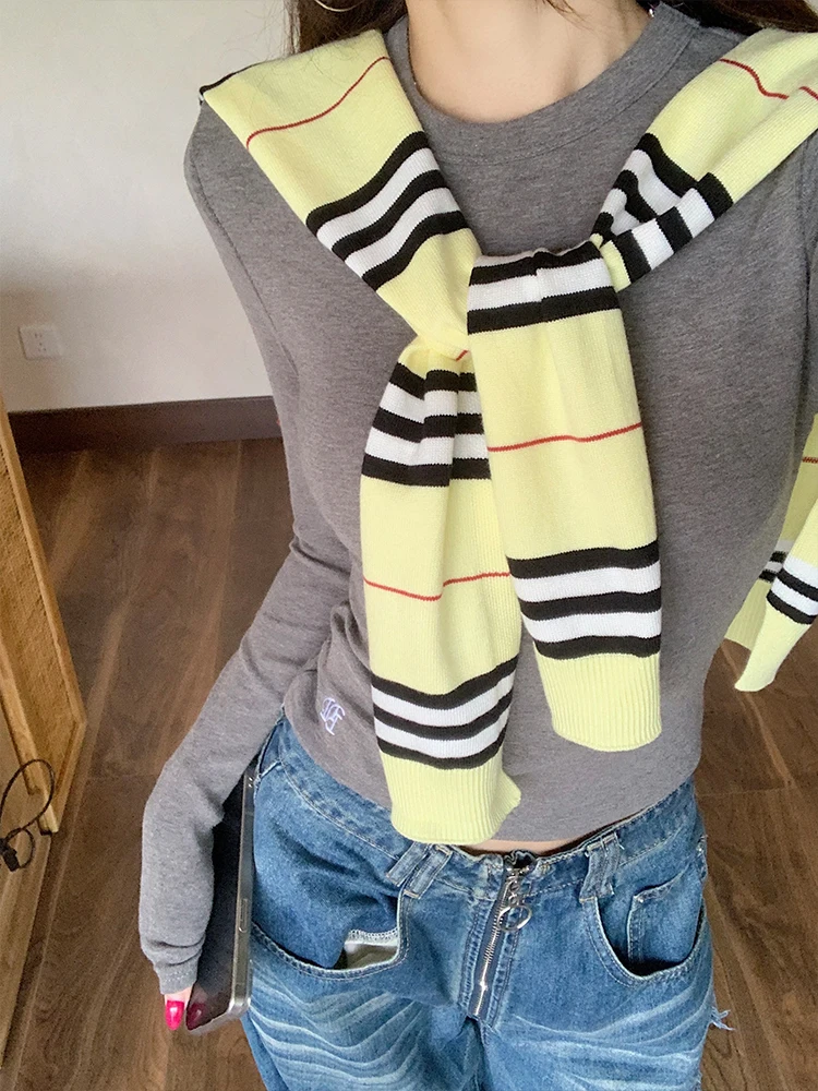 

MosesQueen Knitted Stripe Shoulder Wrap Women's Summer Thin Outerwear V-Neck Casual Style Korean Fashion Shoulder Scarf