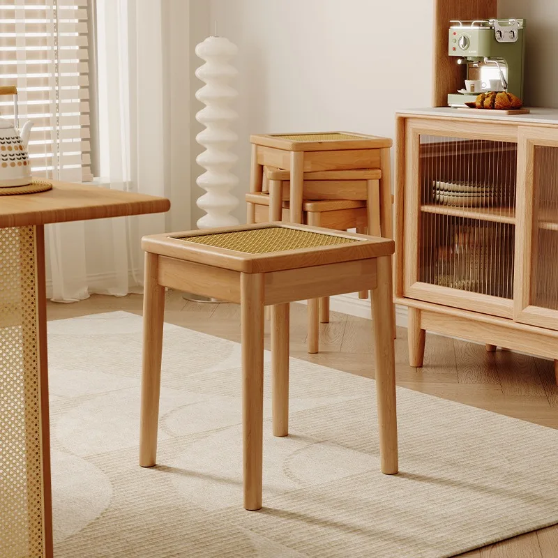 Simple stool household solid wood rattan stackable square stool, restaurant simple spare dining stool medieval dining table