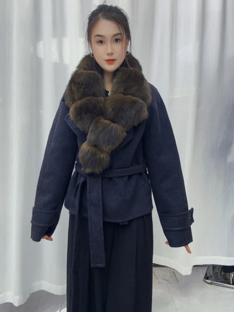 Women Short Double Face Wool Coat Elegant Fur Collar Belted Wrap Overcoat Winter Warm Office Commuting Outerwear for Ladies