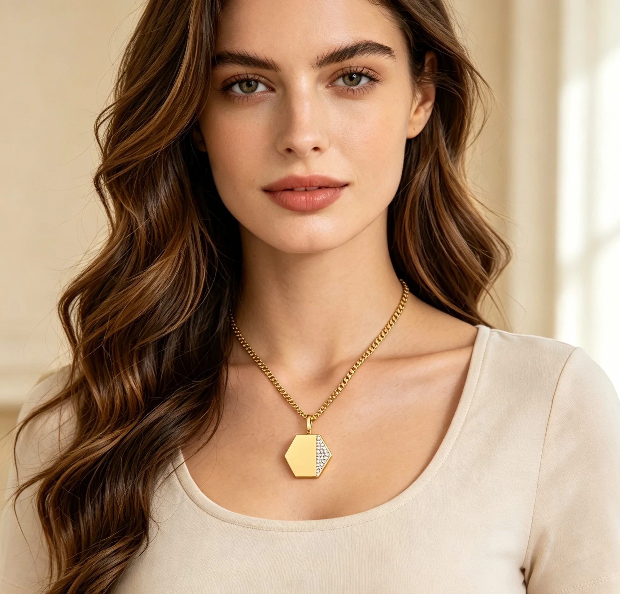 18K Gold Plated Engravable Blessing Lab Made Emerald Pendant Necklace-Hexagon