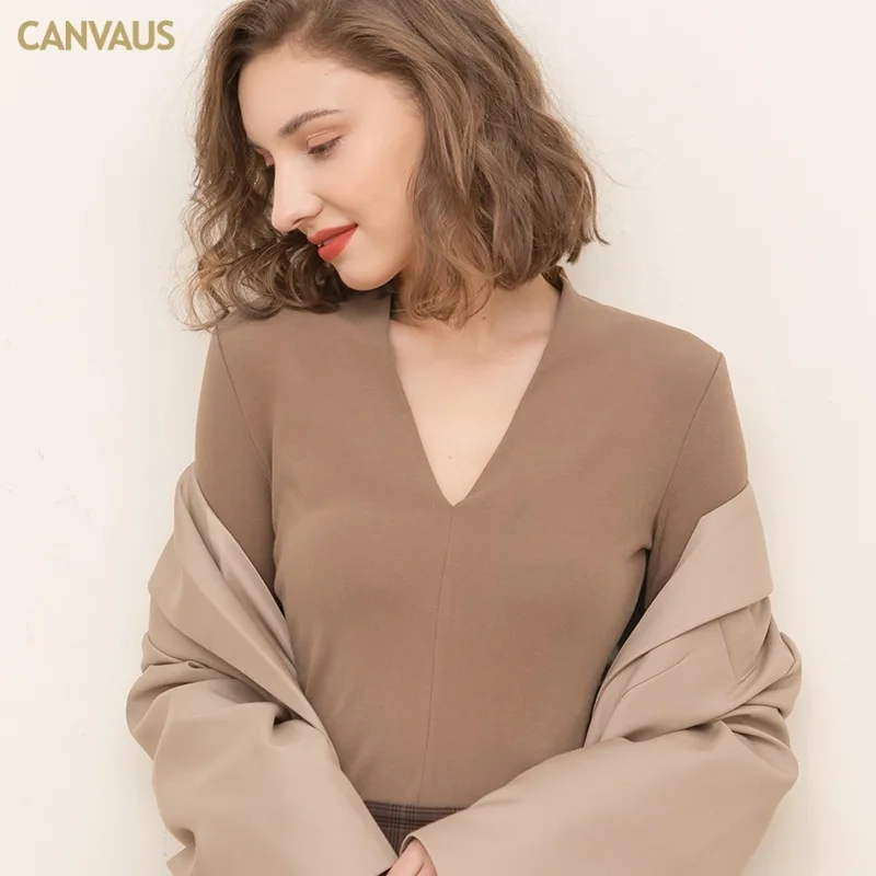 High Quality Women's Clothing Autumn and Winter NewVCollar Long Sleeve Cotton Thin Velvet Solid Color Slim-Fitting Simple Europe