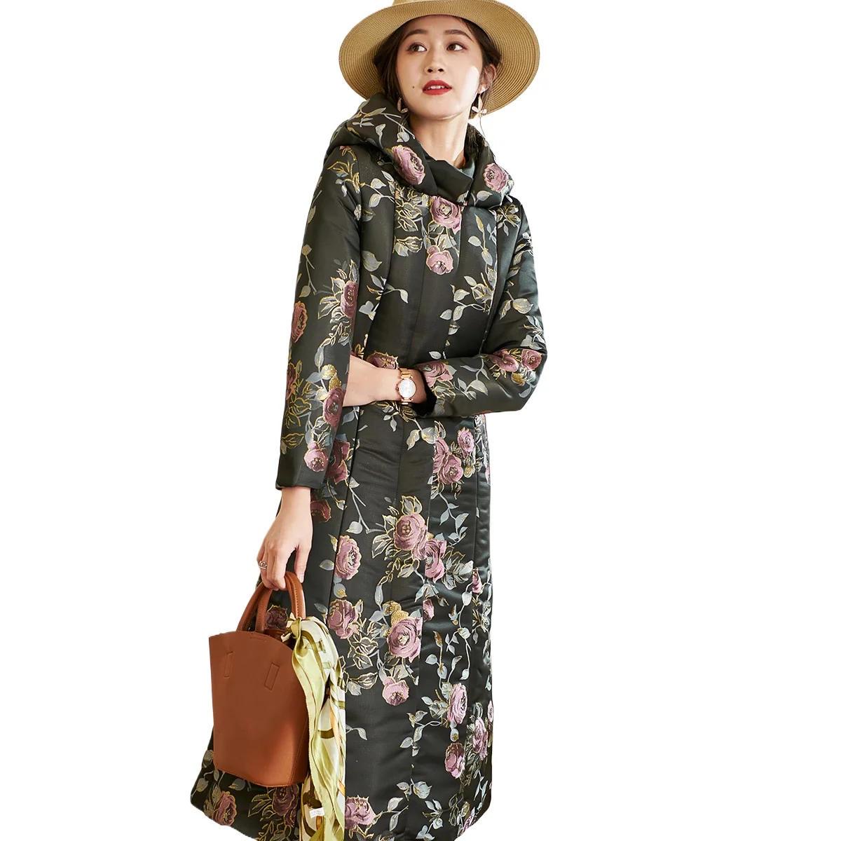 

Women Winter Jacquard Jackets Long Hooded Coat Zipper Floral Parkas Space Cotton Floral Thick Pockets Jacket Vintage Ropa Mujer