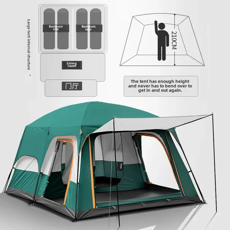 Outdoor Camping Family Tent 3-12 Person Double Layers Oversize 2 Rooms Thickened Rainproof Outdoor Family Camp Tour Equipment