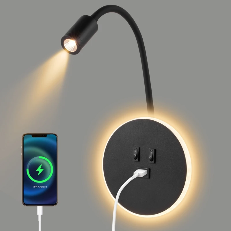 

Гибкая светодиодная настенная лампа для чтения у кровати с USB-портом для зарядки, 3W Spotlight, 8W Backlight для дома, гостиной, спальни, кабинета