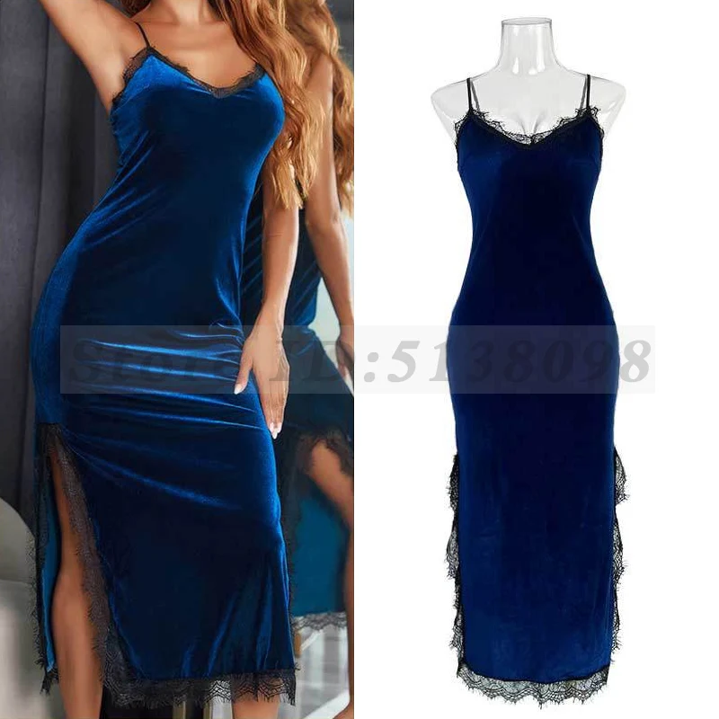 

Lace Patchwork Nightdress Long Sling Nightwear Loose Home Dressing Gown Nightgown Women Velvet Sleepwear Sleeveless Loungewear