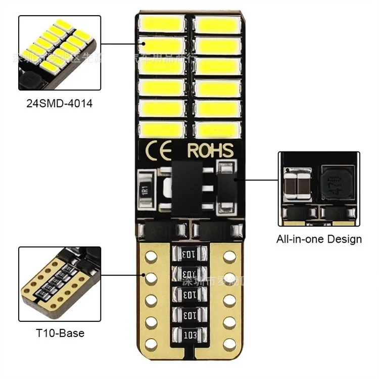 Indicatore di larghezza a LED per autoveicoli Lampadina T10 Luce da lettura 24smd In evidenziazione continua Luce targa piccola