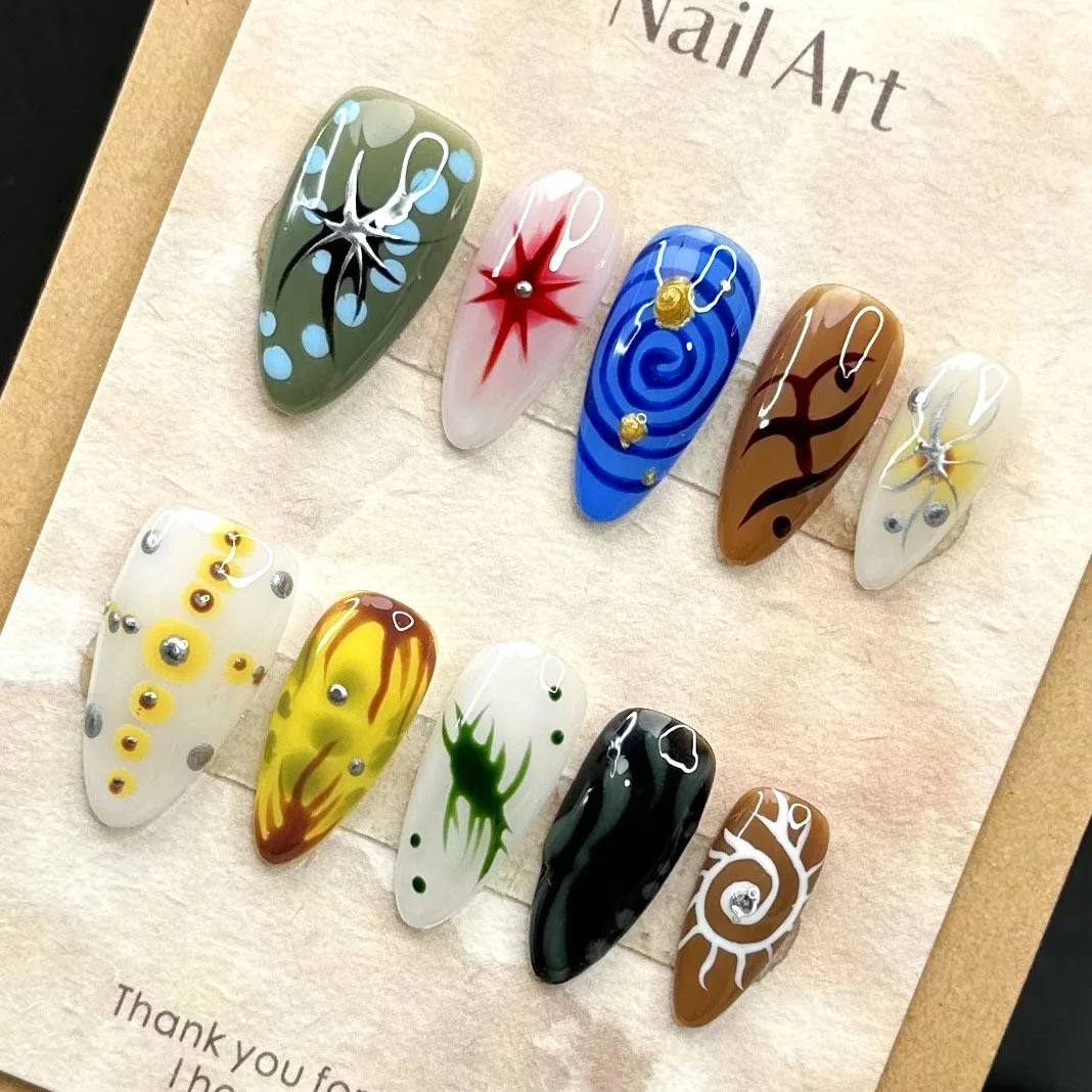 

10pcs Handmade Press on Nails INS Hand Painted False Nail Patches Full Cover Wearable Punk Cool Colored Almond Fake Nail Tips