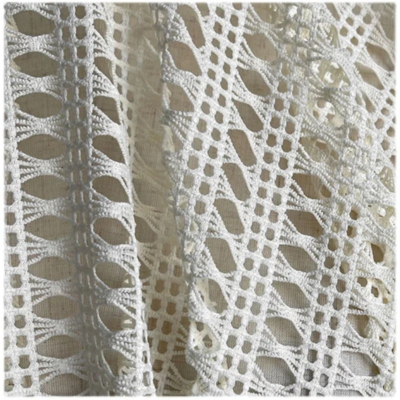 Hollow Mesh Fabric Beige Diamond Texture Decorative Tablecloth Clothing Designer Cloth for Diy Apparel Sewing Cotton Material