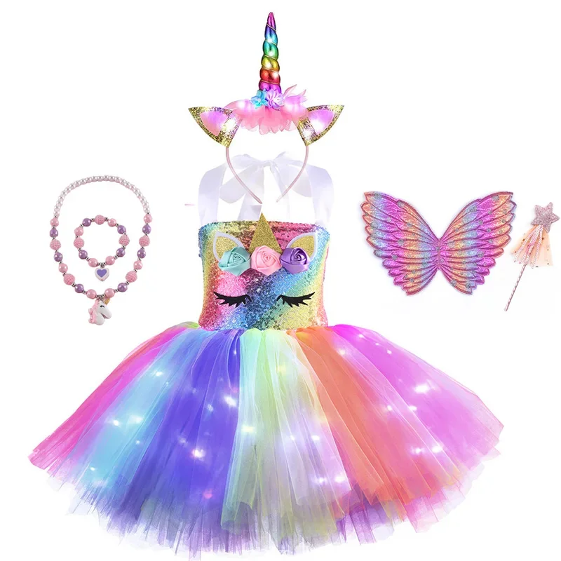 Christmas Girls Unicorn Mermaid Costume with LED Light Tutu Dress with Wings Kids Ballet Ball Cosplay for Birthday Party