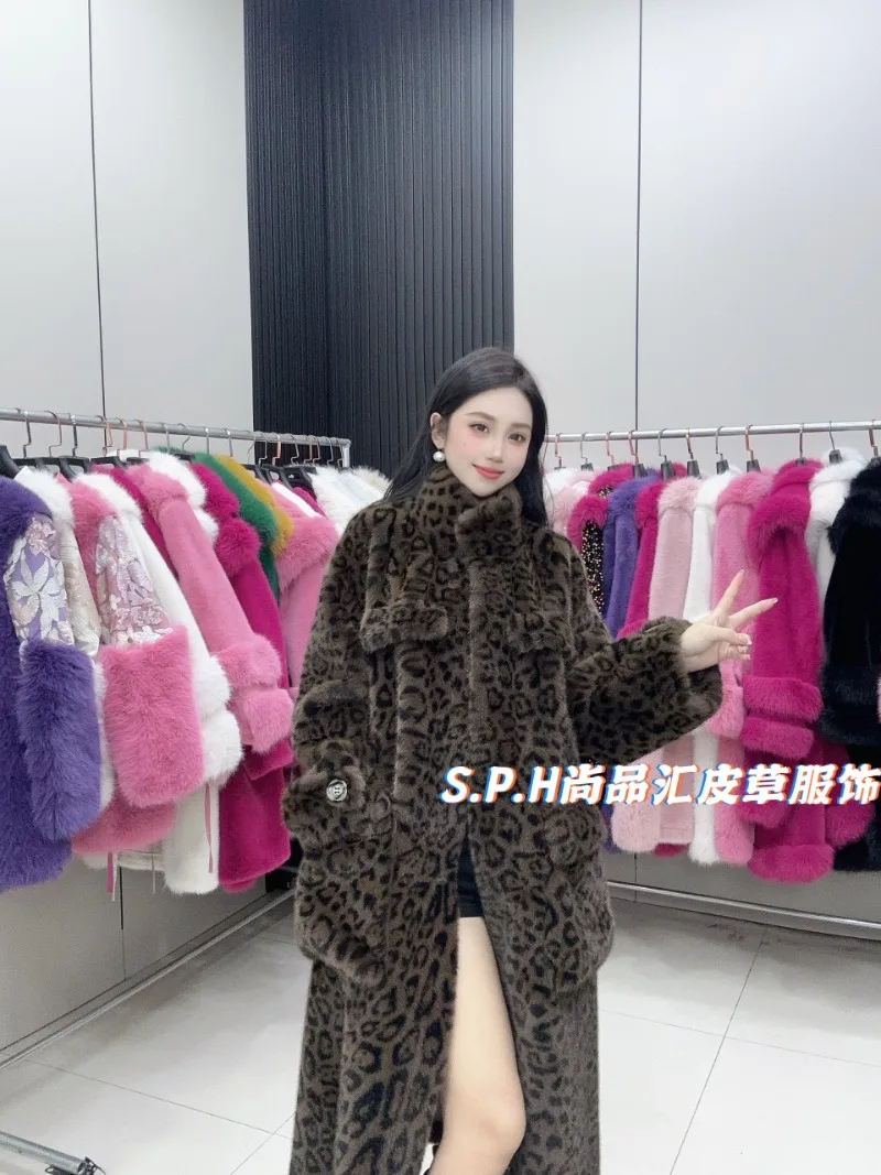 2024 Winter New Faux Fur Coat Thickened Warm Classic Leopard Print European Mink Long Sleeves Black Furry Jacket Women's Clothes