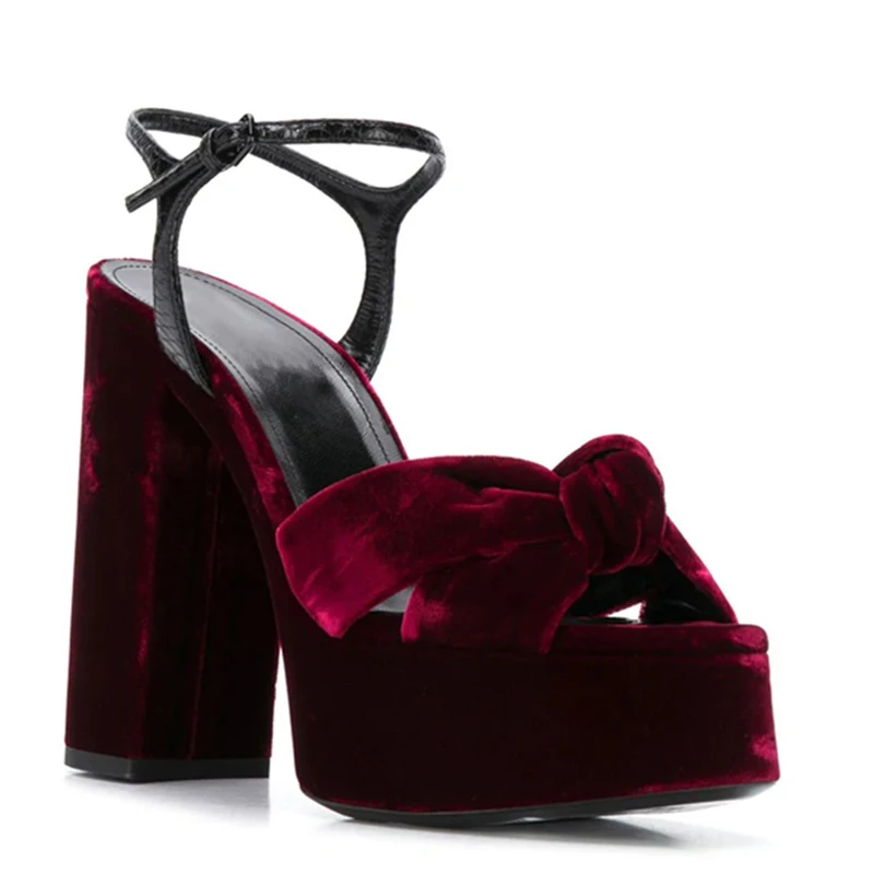 Burgundy Velvet Knot Peep Toe Platform Sandals 14cm Chunky High Heel Ankle Strap Striped Women Stage Sandals Banquet Shoes