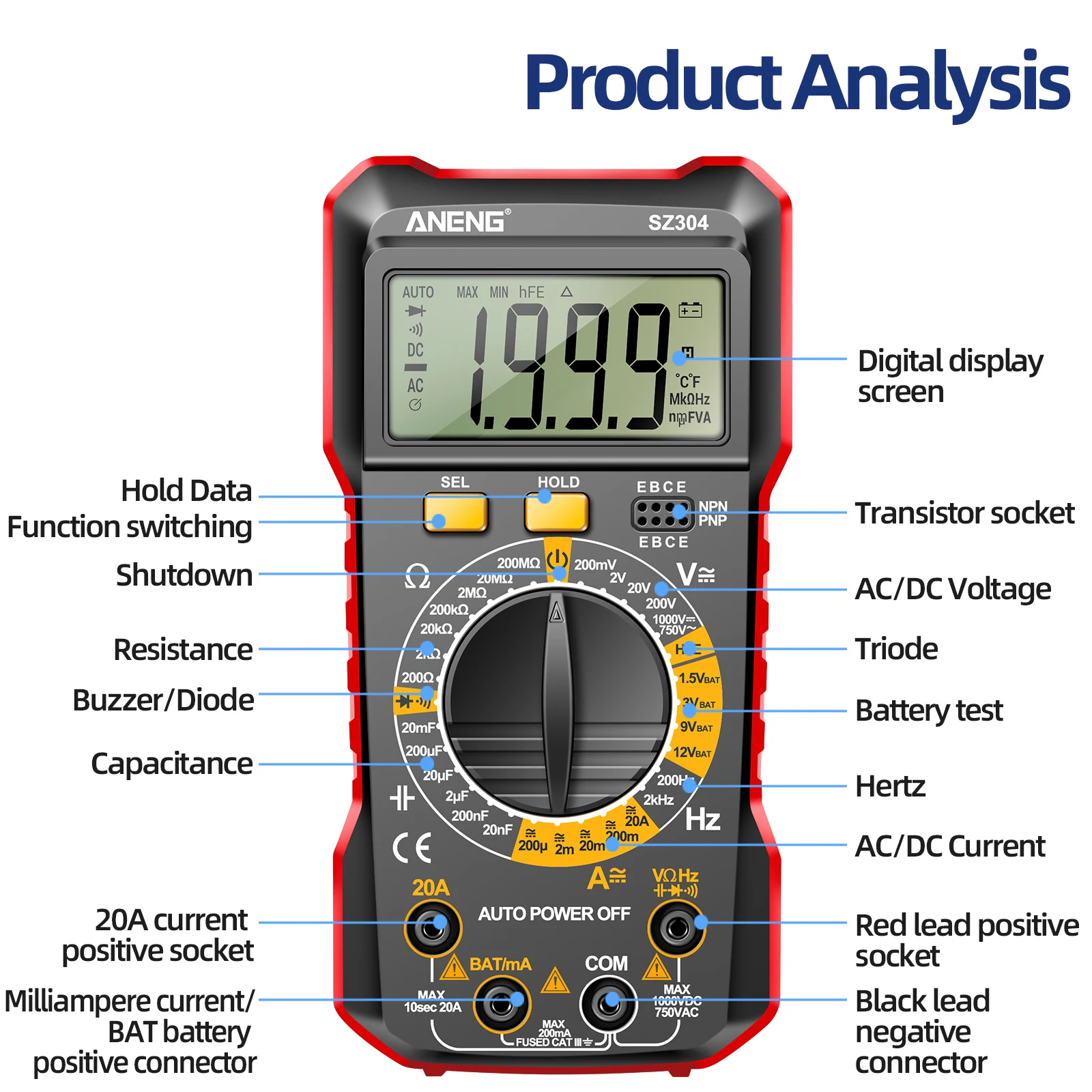 ANENG SZ304 1999 Counts Digital Multimeter True RMS Tester Measures Voltage Current Resistance Capacitance Frequency Diode