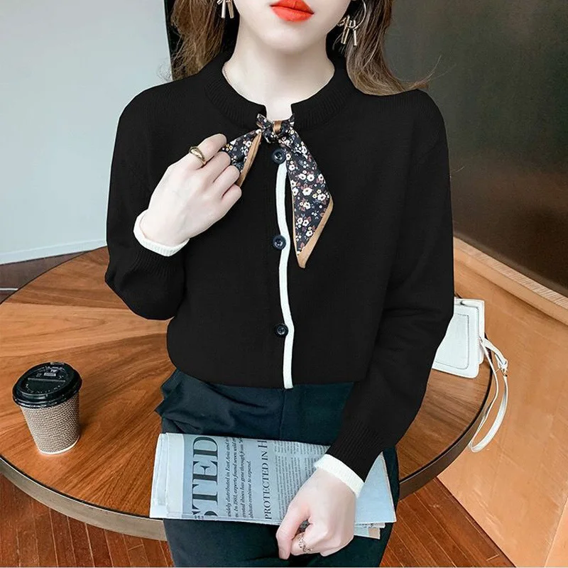 Korean Style Vintage Chic Sweet Bow Buttons Knitted Sweaters for Women Spring Autumn Slim Long Sleeve Cardigans Jumpers Clothing