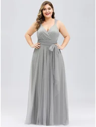 A-Line Bridesmaid Dress V Neck Sleeveless Plus Size Floor Length Tulle with Bow(s) Ruching Bandage 2022 Open Back