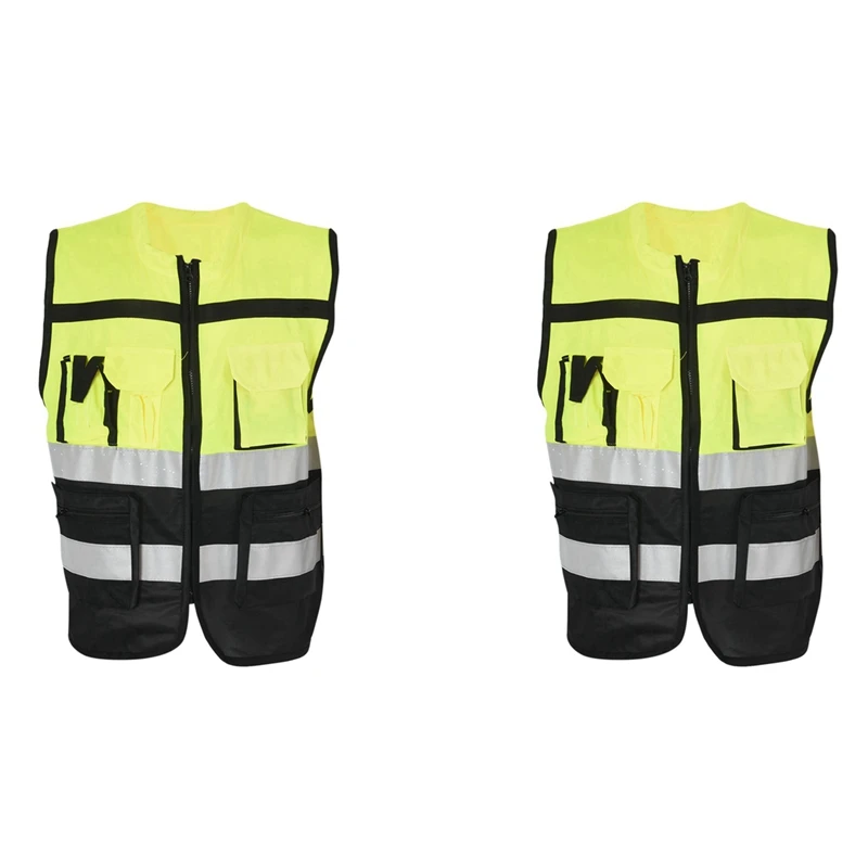 

2X 7 Pockets Class 2 High Visibility Zipper Front Safet Yellow Vest With Reflective Strips (X-Large)