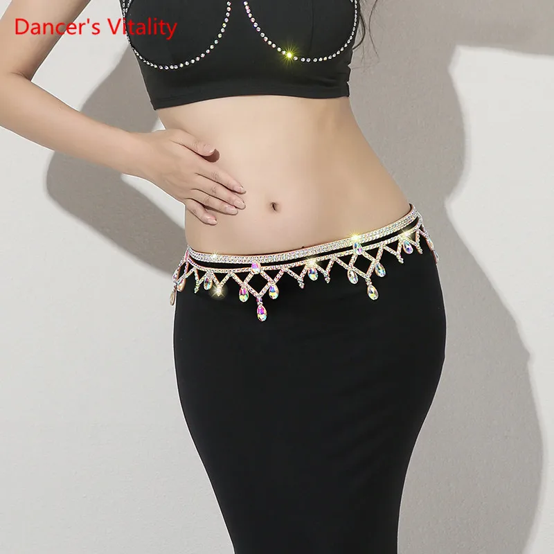 Belly Dance เข็มขัดเพชร-Studded ด้วยตนเองเอว Oriental เต้นรำหญิง Rhinestone อุปกรณ์เสริม