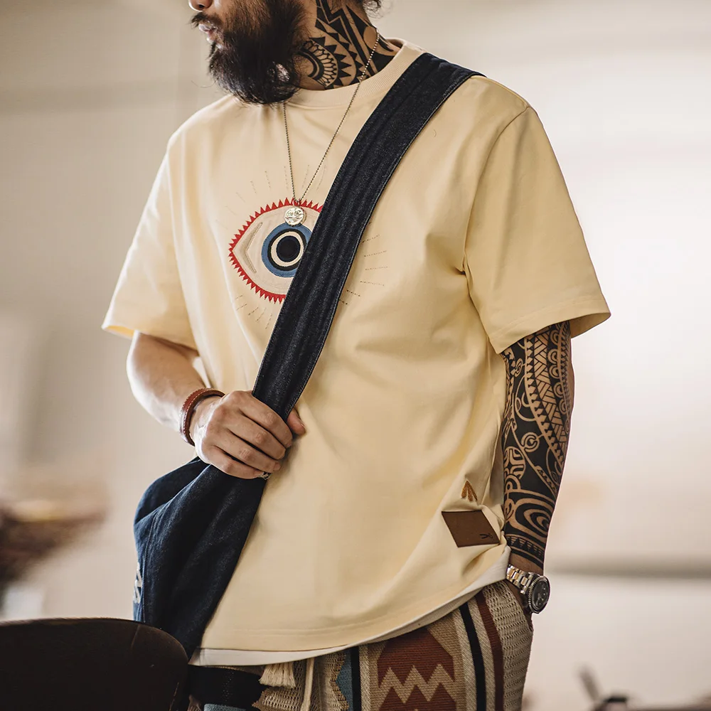 Maden Retro Guardian Eye Embroidered T-shirt with Ribbed Crew Neck 300g/m² Heavy Cotton Short-sleeved Tee for Men's Summer Top