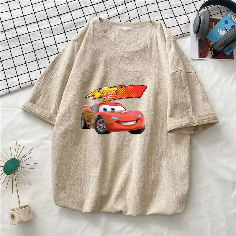 Pixar Cars Lightning McQueen maglietta in cotone lavato Streetwear magliette a maniche corte uomo abbigliamento estivo T-Shirt Tees top