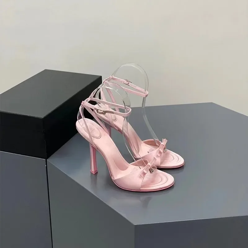 New Summer Bow Satin Heels, Feminine Rhinestone Letters, Stiletto Heels, Open-toe Sandals, Black Pink womens shoes  sandals