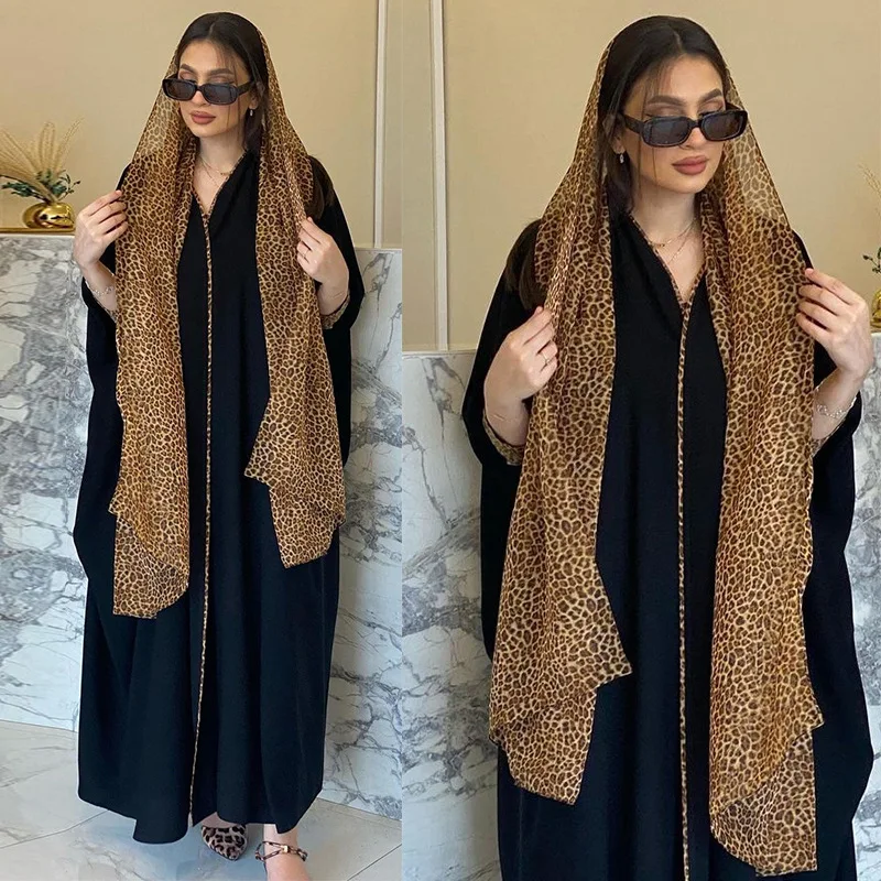 

Muslim New Abaya Fashion Cardigan Leopard Print Chiffon Color Block Long Robe Turkish with Headscarf