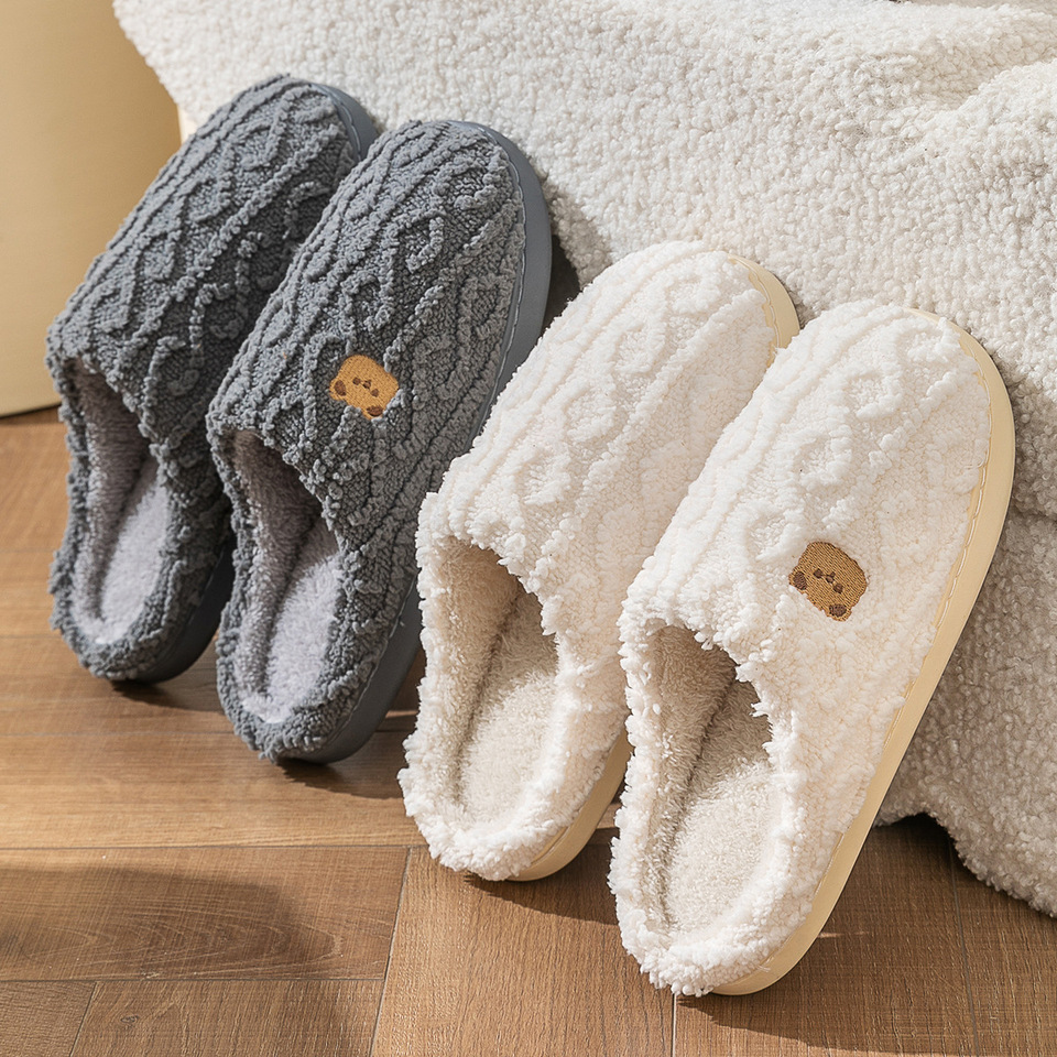 Asgard Women Winter Fur Slippers Indoor Fluffy Couple Bedroom Flat Slides Cute Bear Women Fuzzy House Slippers Warm Cotton Shoes