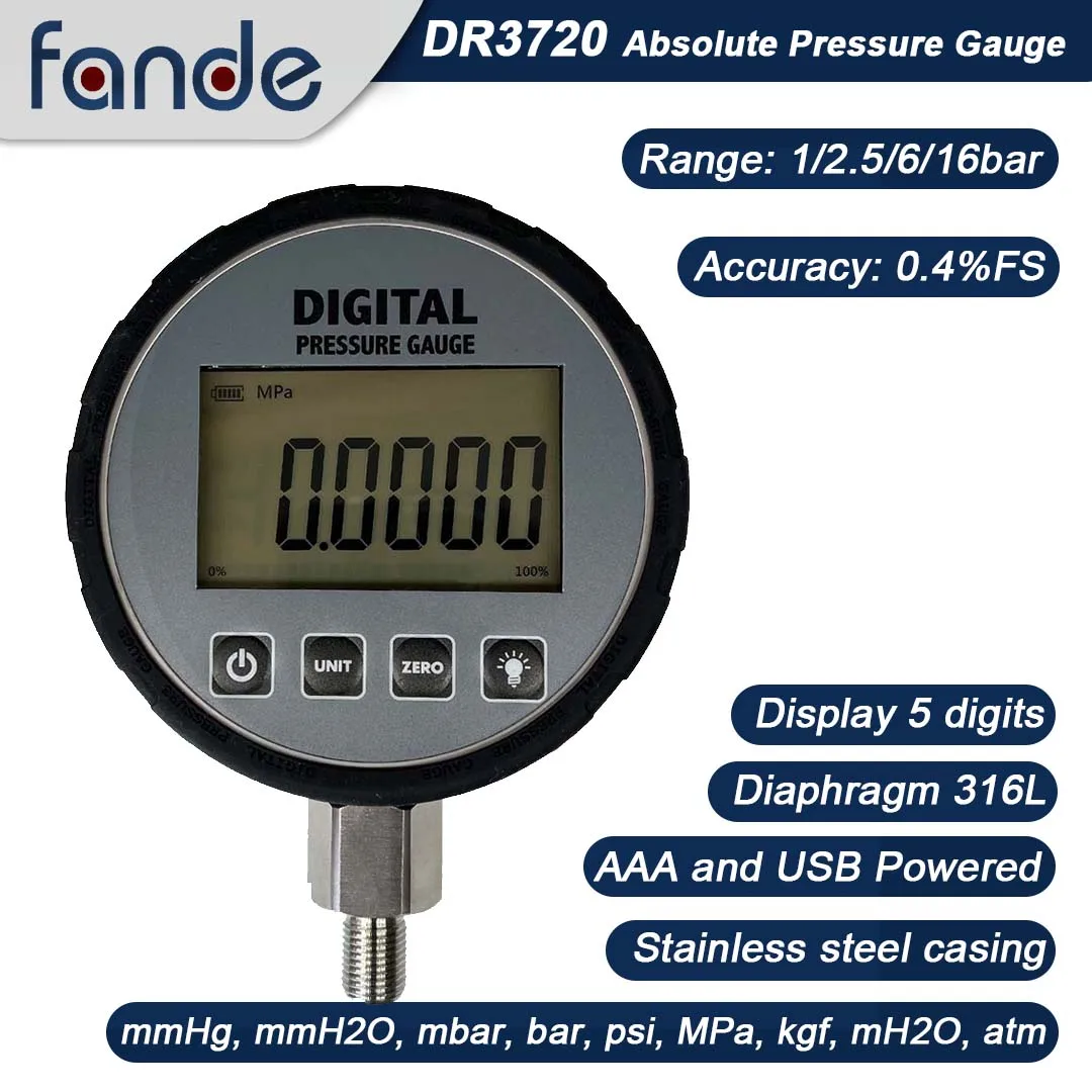 

DR3720 Absolute Digital Pressure Gauge mmHg Accuracy 0.4%FS mmHg mmH2O and mbar Resolution -99999~99999 Diameter 105mm