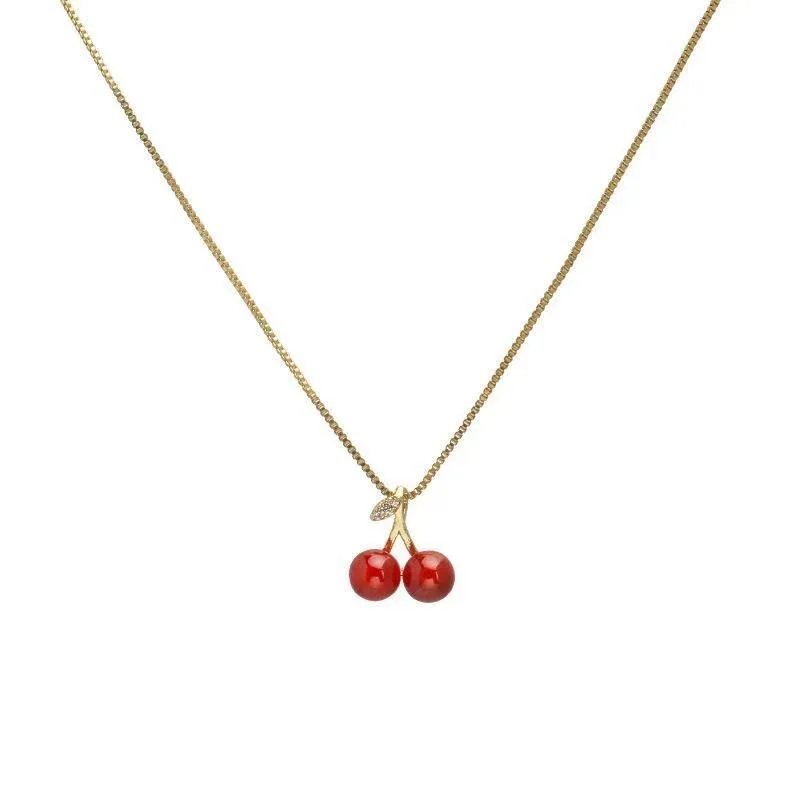 

Wine Red Cherry Pendant Necklace for Women Golden Chain Fashion Fruit Jewelry Party Accessory Birthday Gift