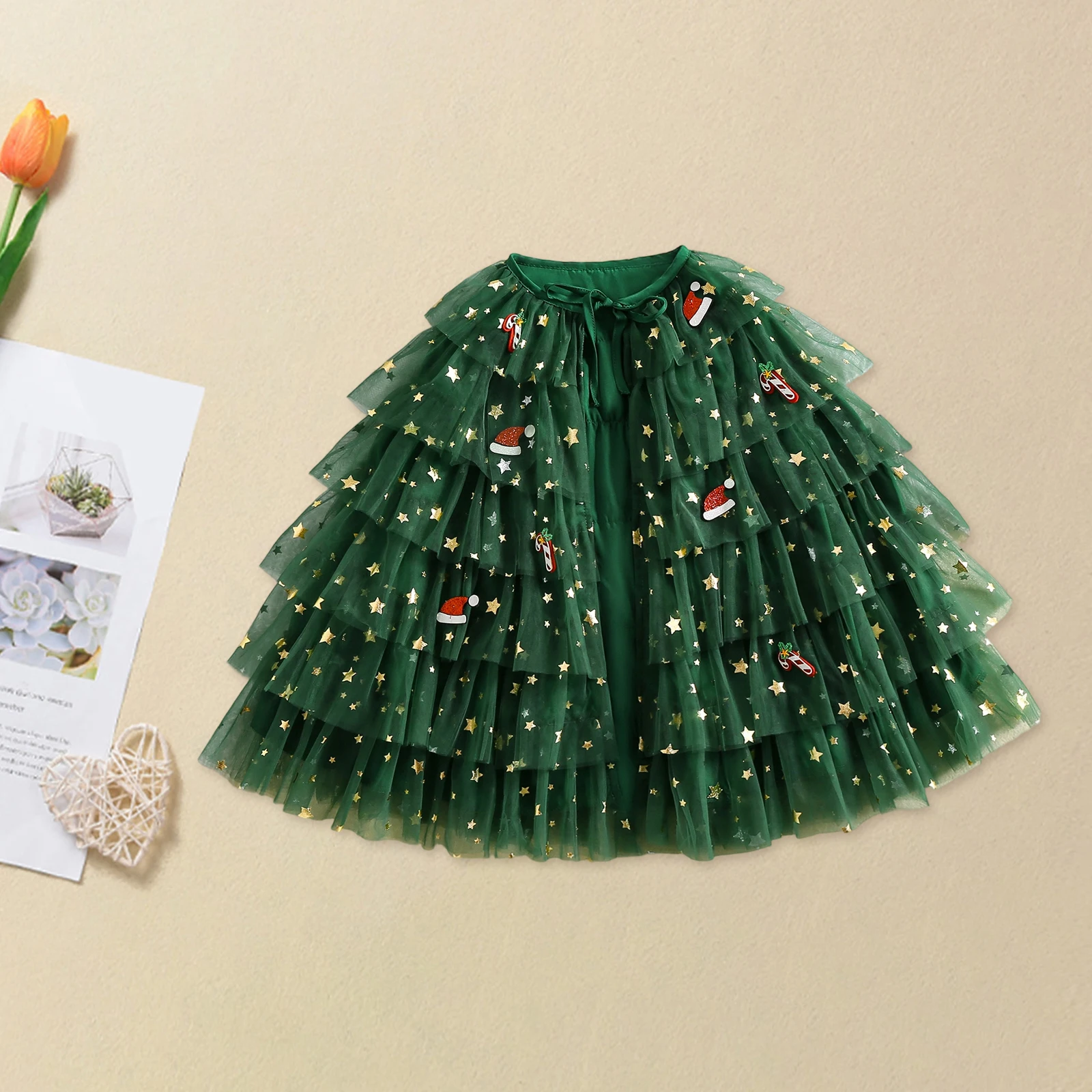 عباءة عيد الميلاد من التول للأطفال والبنات سانتا كلوز قصب الحلوى المتدرج وربطة الكعكة الأمامية #3